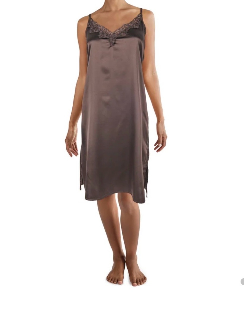 Satin Lace-Trim Slip Dress in Brown